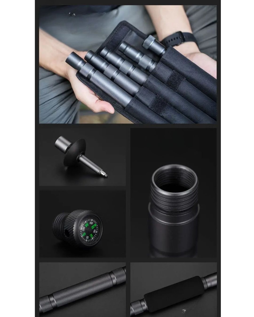 Bâton de Randonnée Multifonction Télescopique – Ultra Résistant & Équipé d’Outils de Survie